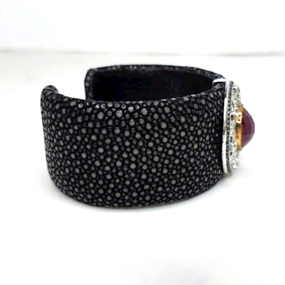 Sterling Silver Pink Sapphire & White Topaz Shagreen Cuff Bracelet - Picture 2 of 6